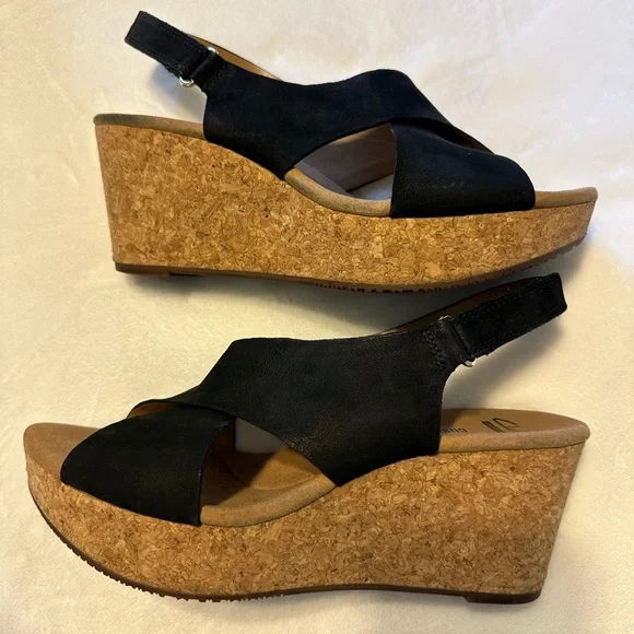 Clarks Black Wedge Sandals with Cork Sole - Picture 1 of 5